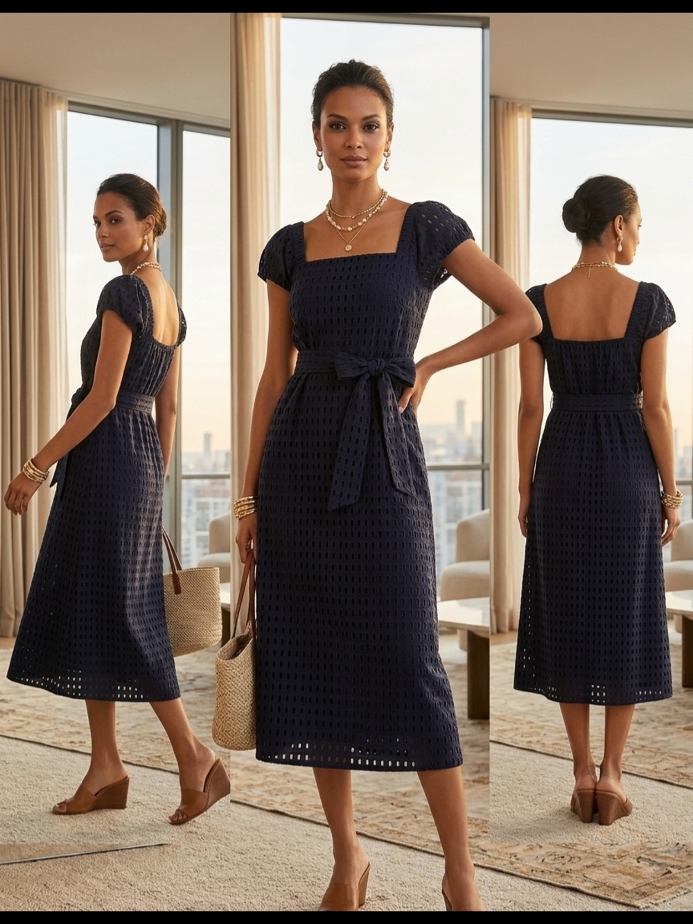 Ann Taylor Navy Eyelet Square-Neck Midi Dress with Tie Waist